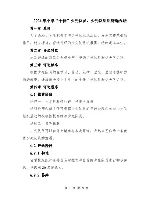 2024年小学“十佳”少先队员、少先队组织评选办法