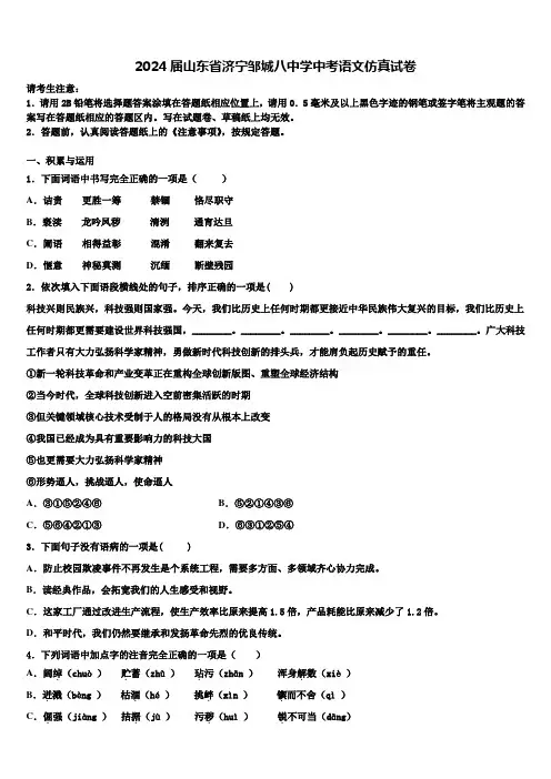 2024届山东省济宁邹城八中学中考语文仿真试卷含解析
