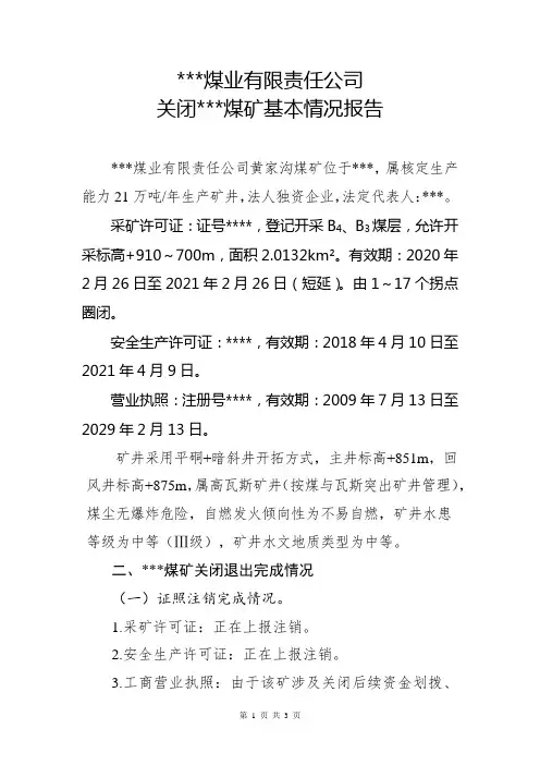 关闭煤矿基本情况报告范本