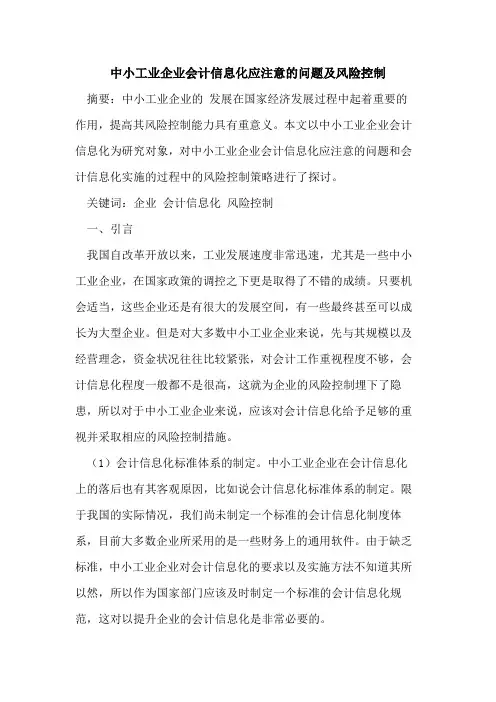 中小工业企业会计信息化应注意的问题及风险控制