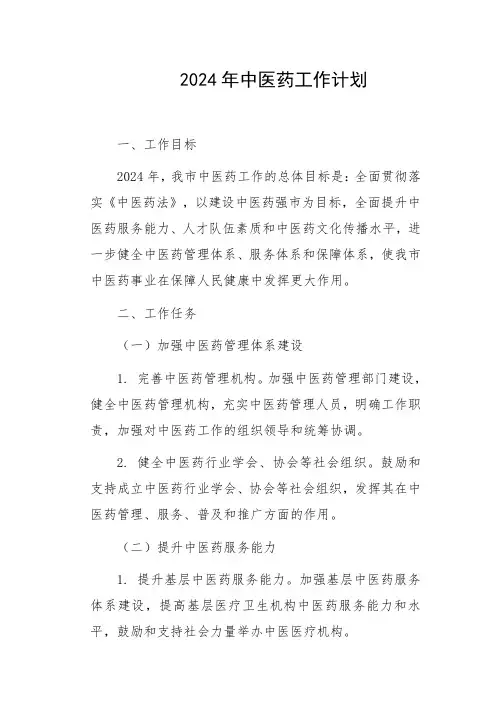 2024年中医药工作计划