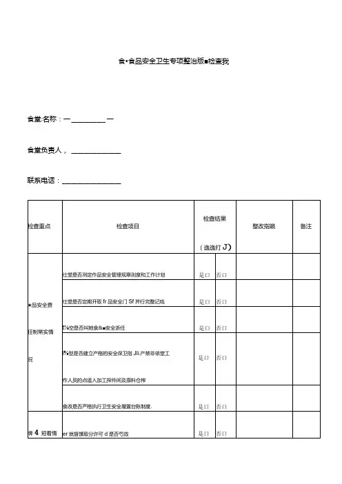 食堂食品安全卫生专项整治监督检查表