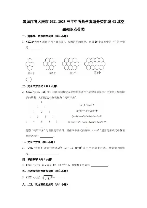 黑龙江省大庆市2021-2023三年中考数学真题分类汇编-02填空题知识点分类(含答案)