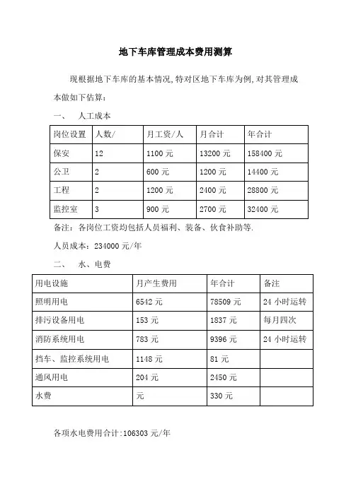 地下车库管理成本费用测算