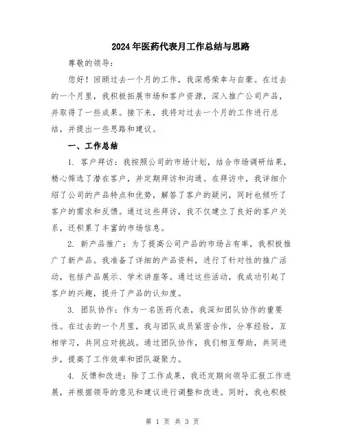 2024年医药代表月工作总结与思路