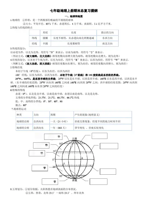 七年级地理上册总复习(含部分练习题)