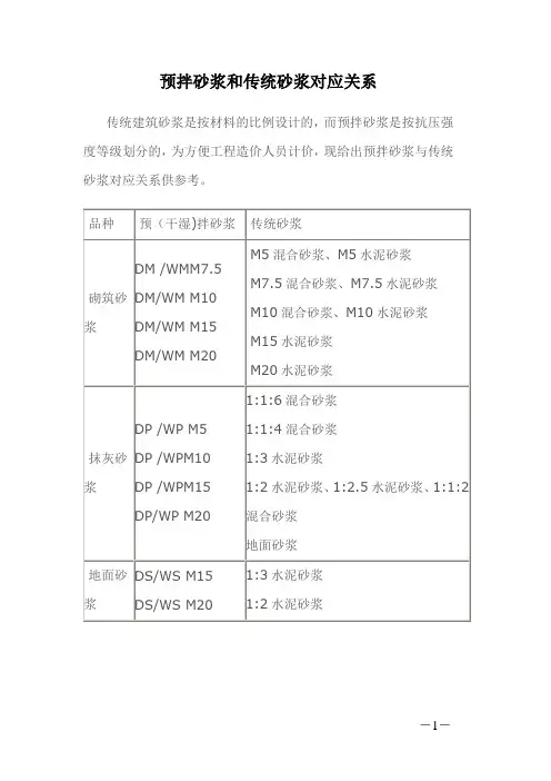 预拌砂浆和传统砂浆对应关系