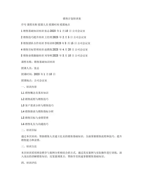 销售计划培训表