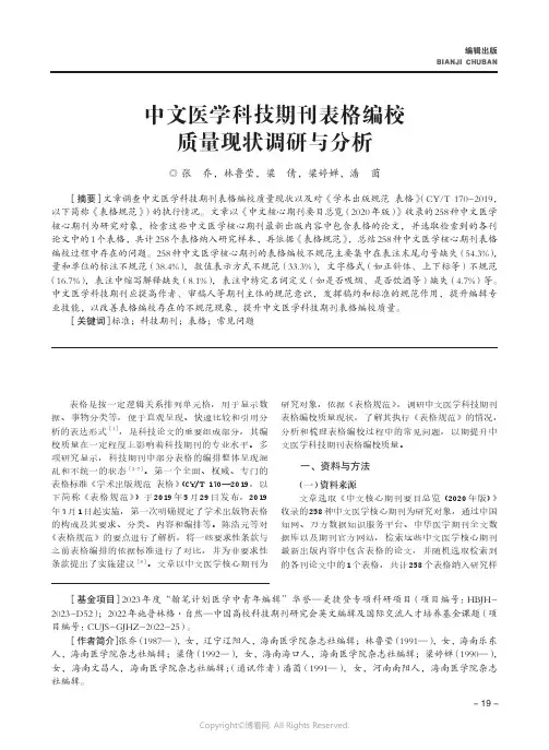 中文医学科技期刊表格编校质量现状调研与分析
