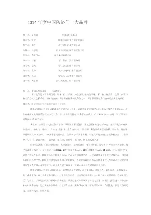 2014年度中国防盗门十大品牌