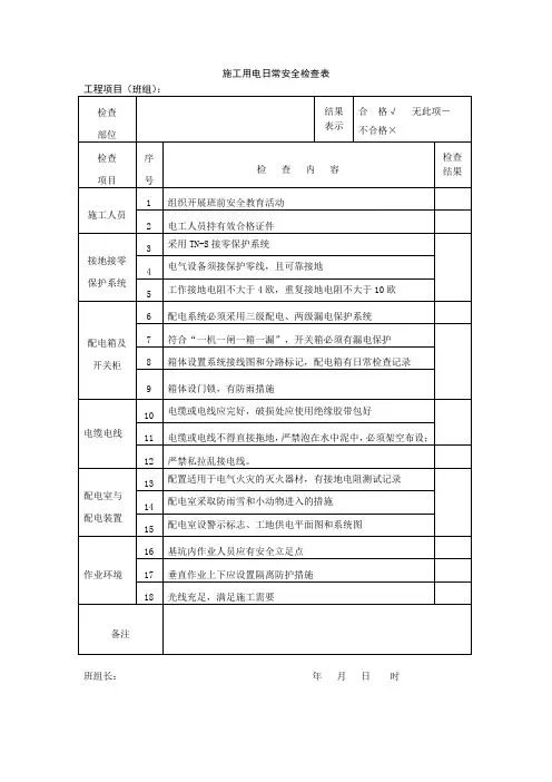 施工用电日常安全检查表