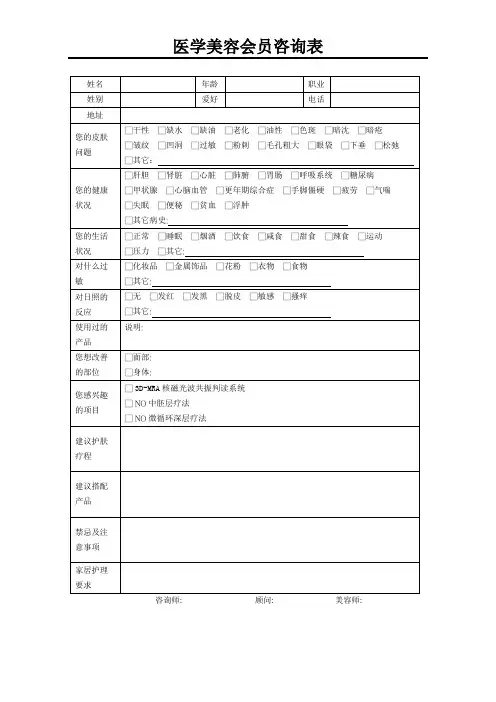 医学美容会员咨询表