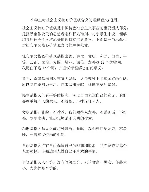 小学生对社会主义核心价值观含义的理解范文(通用)