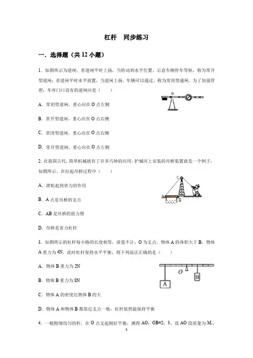 人教版八年级下册 第十二章 简单机械 第1节 杠杆  同步练习(含答案)