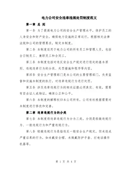 电力公司安全违章违规处罚制度范文