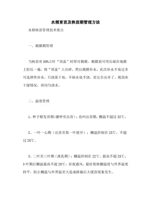 水稻育苗及秧苗期管理方法