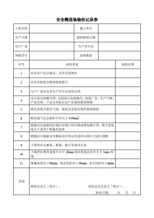 安全帽进场验收记录表