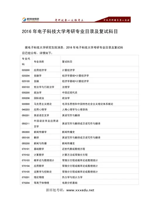 2016年电子科技大学考研专业目录及复试科目-新祥旭考研辅导