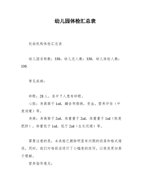 幼儿园体检汇总表