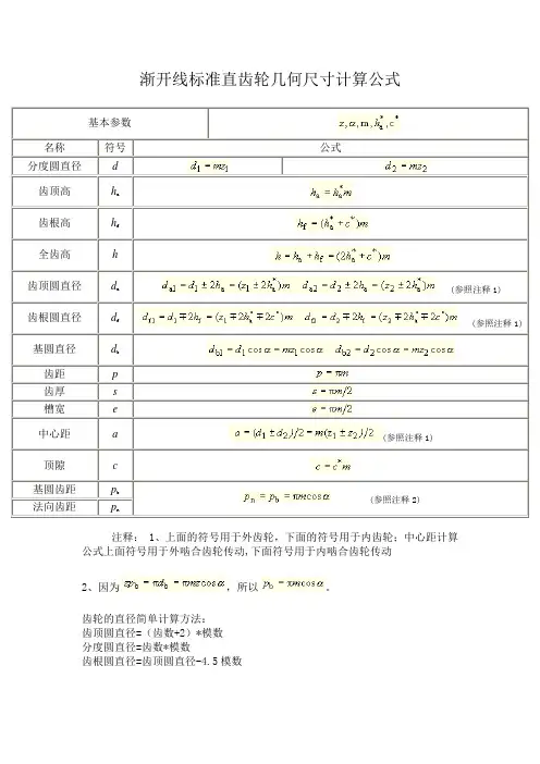 渐开线标准直齿轮几何尺寸计算公式
