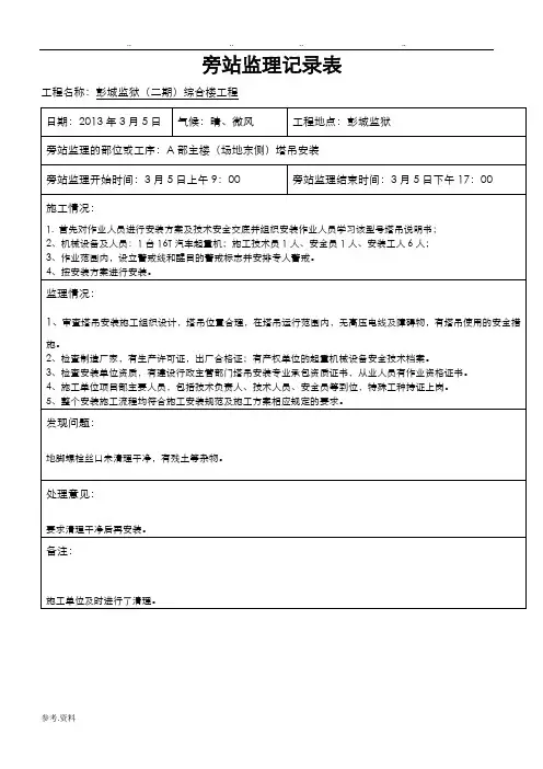 塔吊安装旁站监理旁站记录表