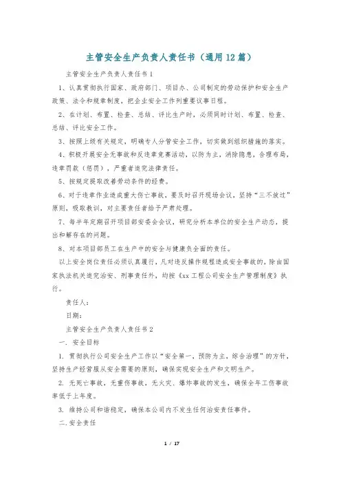主管安全生产负责人责任书(通用12篇)