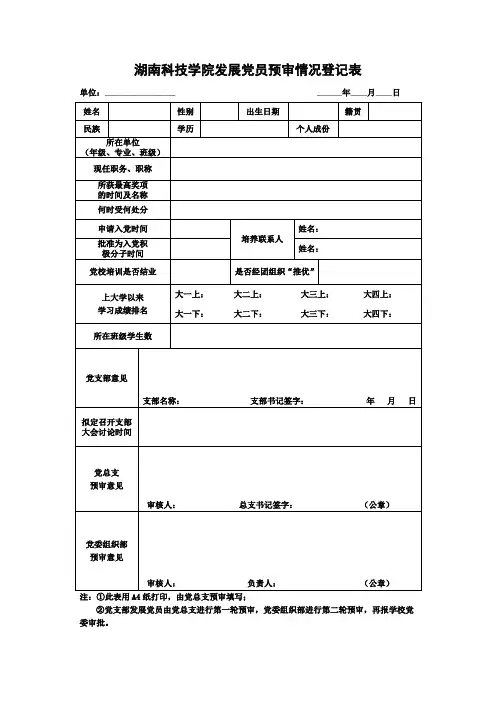 湖南科技学院发展党员预审情况登记表