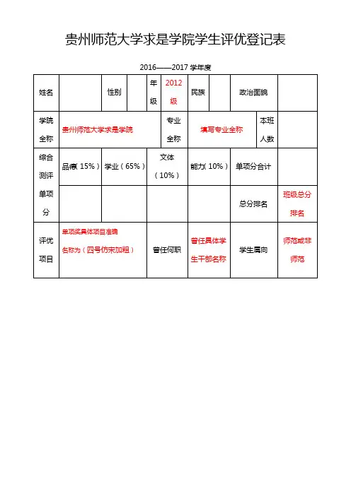 学院评优登记表 样表及填表说明