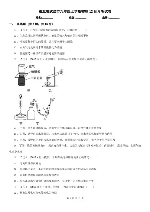 湖北省武汉市九年级上学期物理12月月考试卷