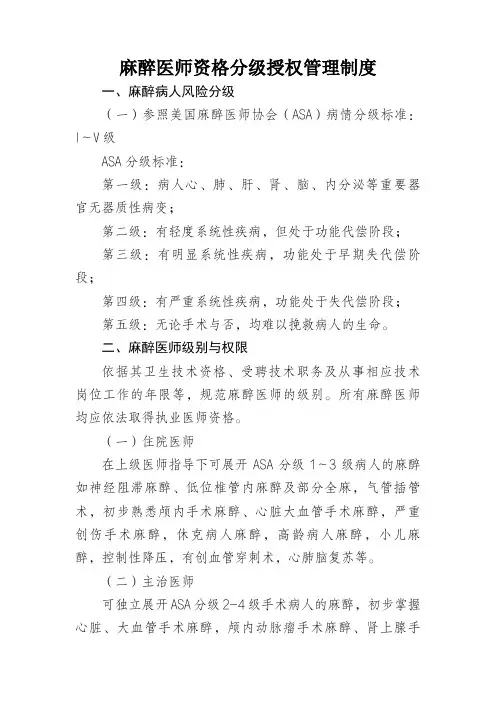 麻醉医师资格分级授权管理制度及表格