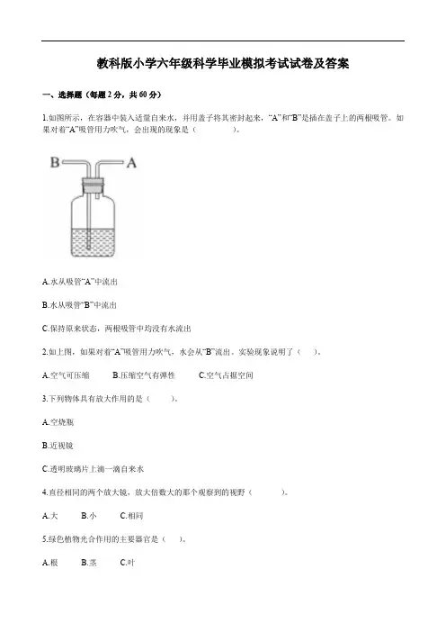 教科版小学六年级科学毕业模拟考试试卷及答案