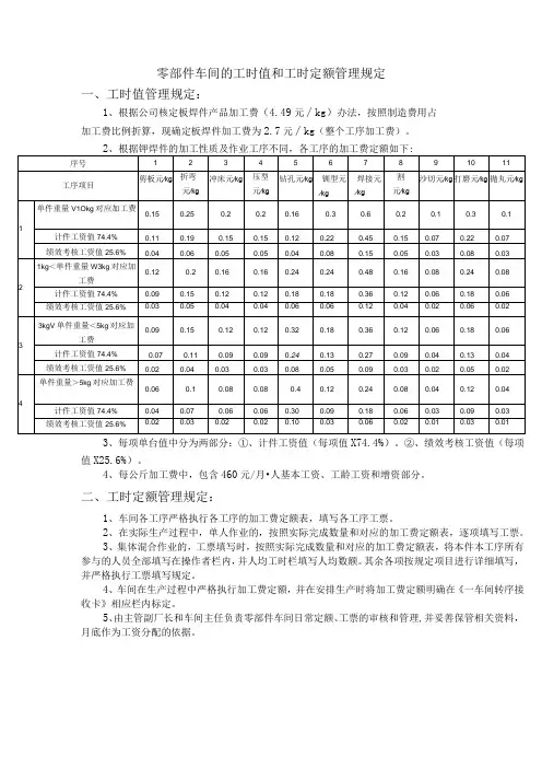 零部件车间的工时值和工时定额管理规定