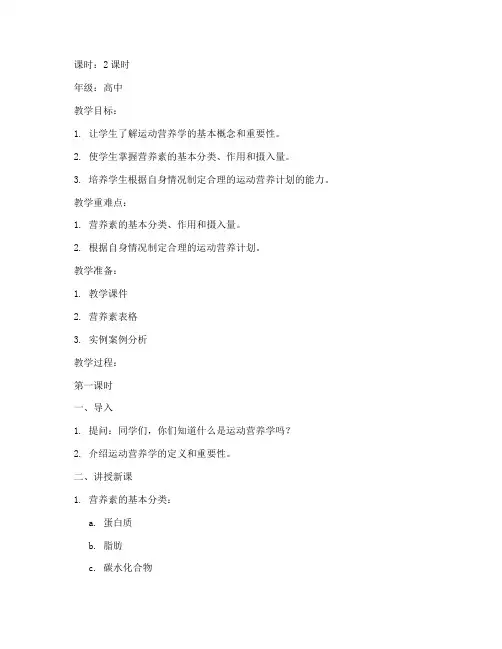 运动营养学教案模板范文