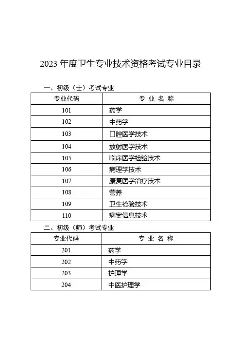 2023年度卫生专业技术资格考试专业目录