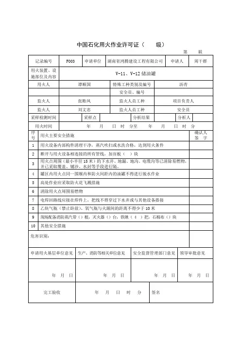中石化各类作业许可证