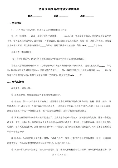 济南市2020年中考语文试题B卷
