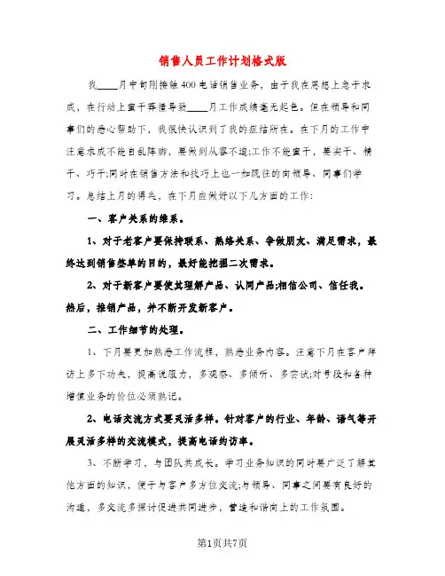 销售人员工作计划格式版(三篇)