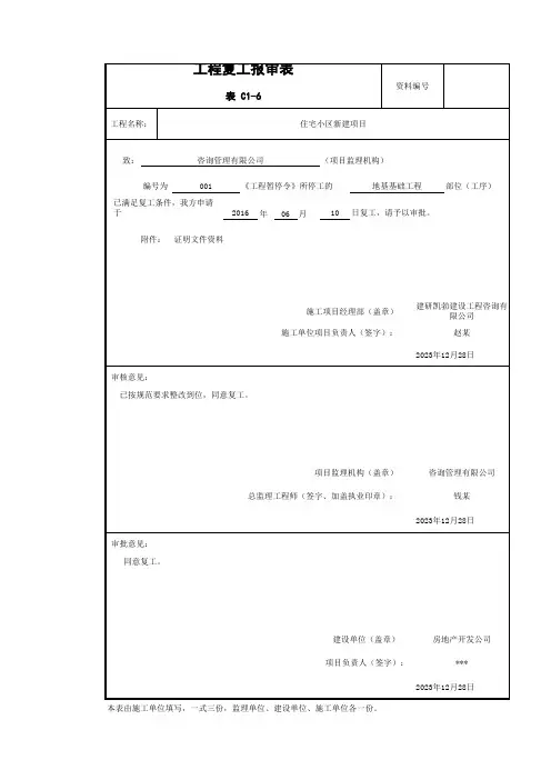 工程复工报审表