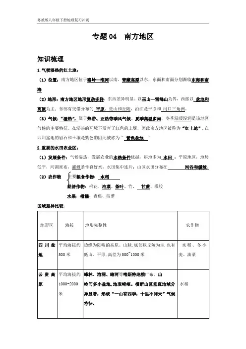 粤教版八年级下册地理复习冲刺 专题04  南方地区(解析版)