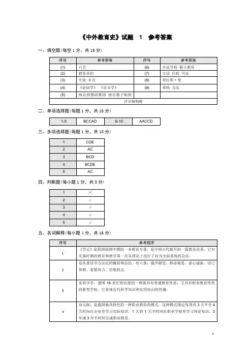 《中外教育史》试卷库参考答案