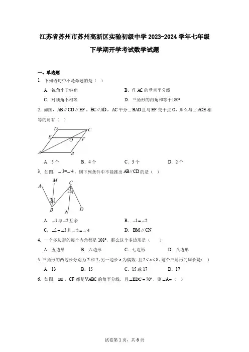 江苏省苏州市苏州高新区实验初级中学2023-2024学年七年级下学期开学考试数学试题