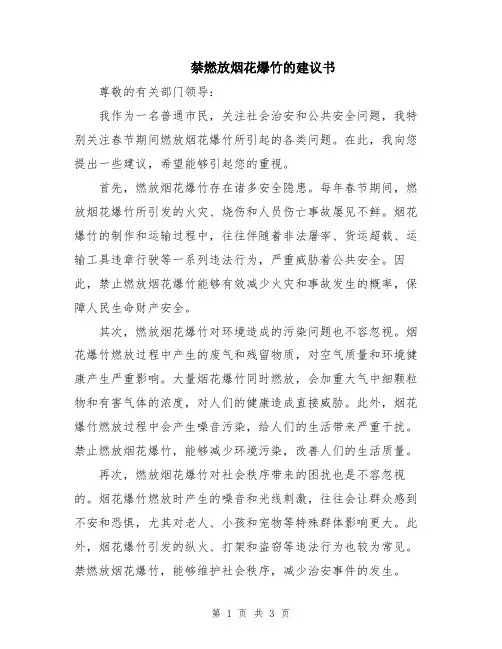 禁燃放烟花爆竹的建议书
