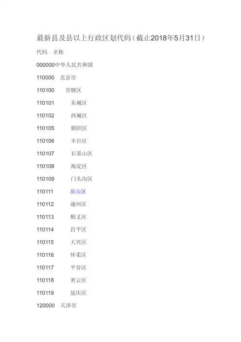 最新县及县以上行政区划代码(201805)