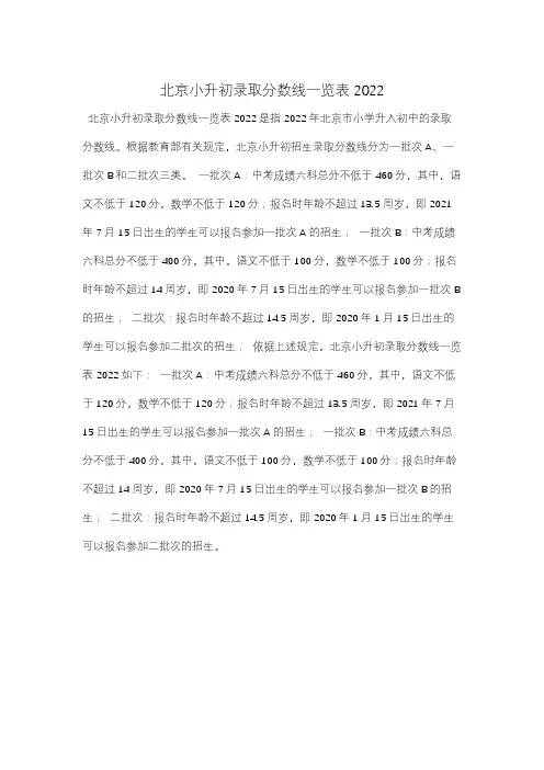 北京小升初录取分数线一览表2022