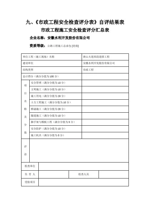市政工程施工安全检查评分汇总表