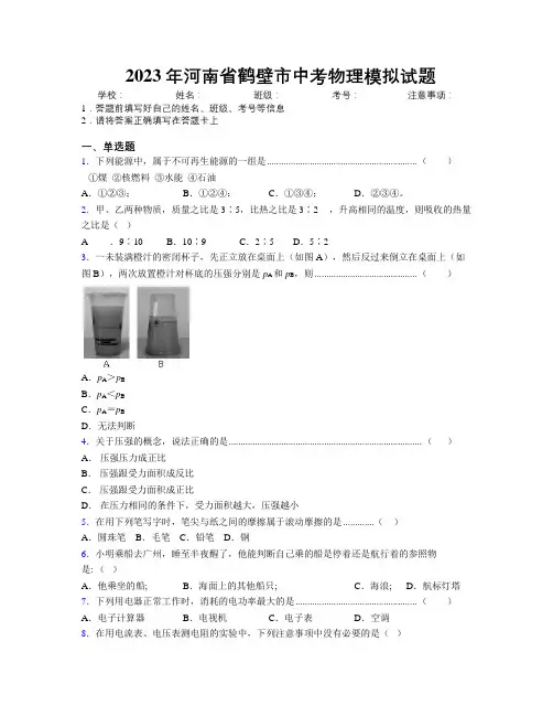 最新2023年河南省鹤壁市中考物理模拟试题附解析