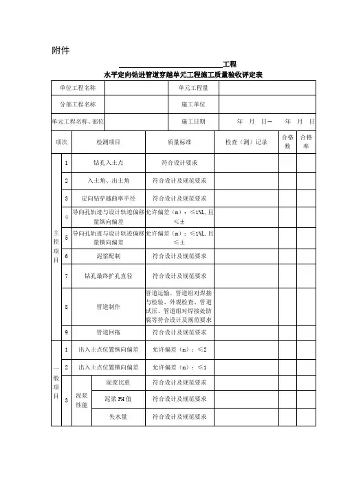 水平定向钻进管道穿越单元工程施工质量验收评定表