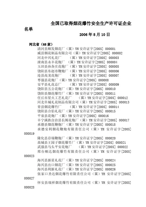 全国已取得烟花爆竹安全生产许可证企业名单