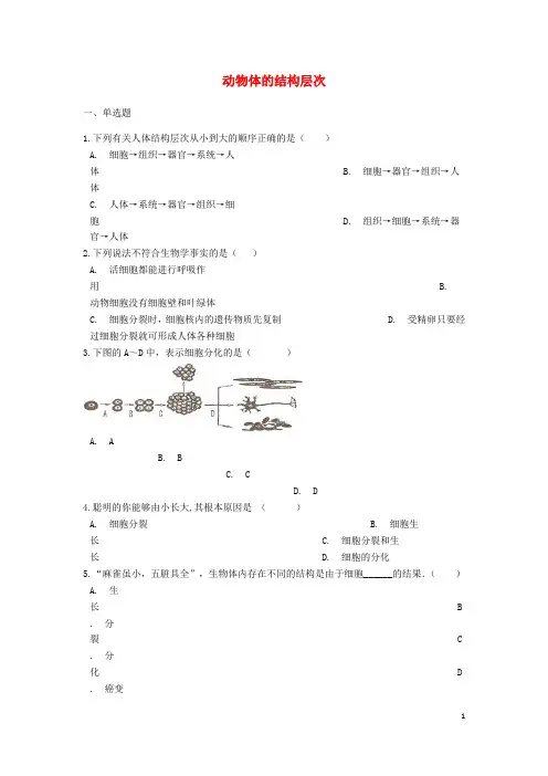 2019中考生物动物体的结构层次专题练习(含解析)