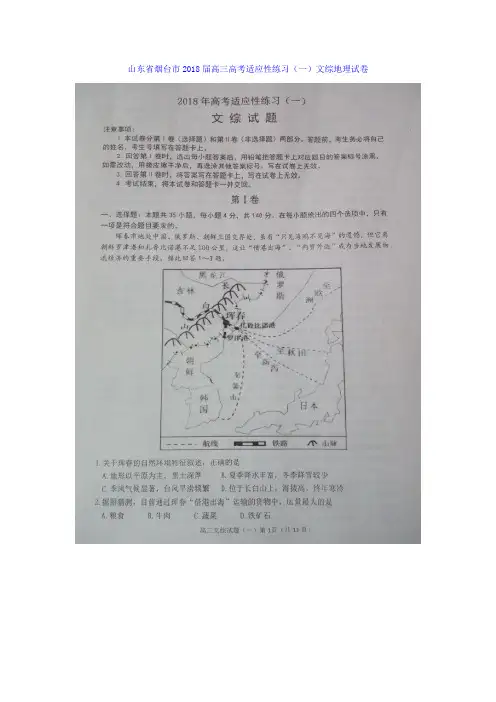 山东省烟台市2018届高三高考适应性练习(一)文综地理试卷 含答案